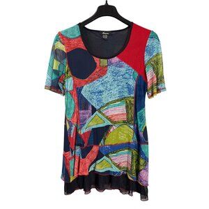 Vintage Y2K Brianna Abstract Colorful Layered Mesh Tunic Top XL Stretch Fabric